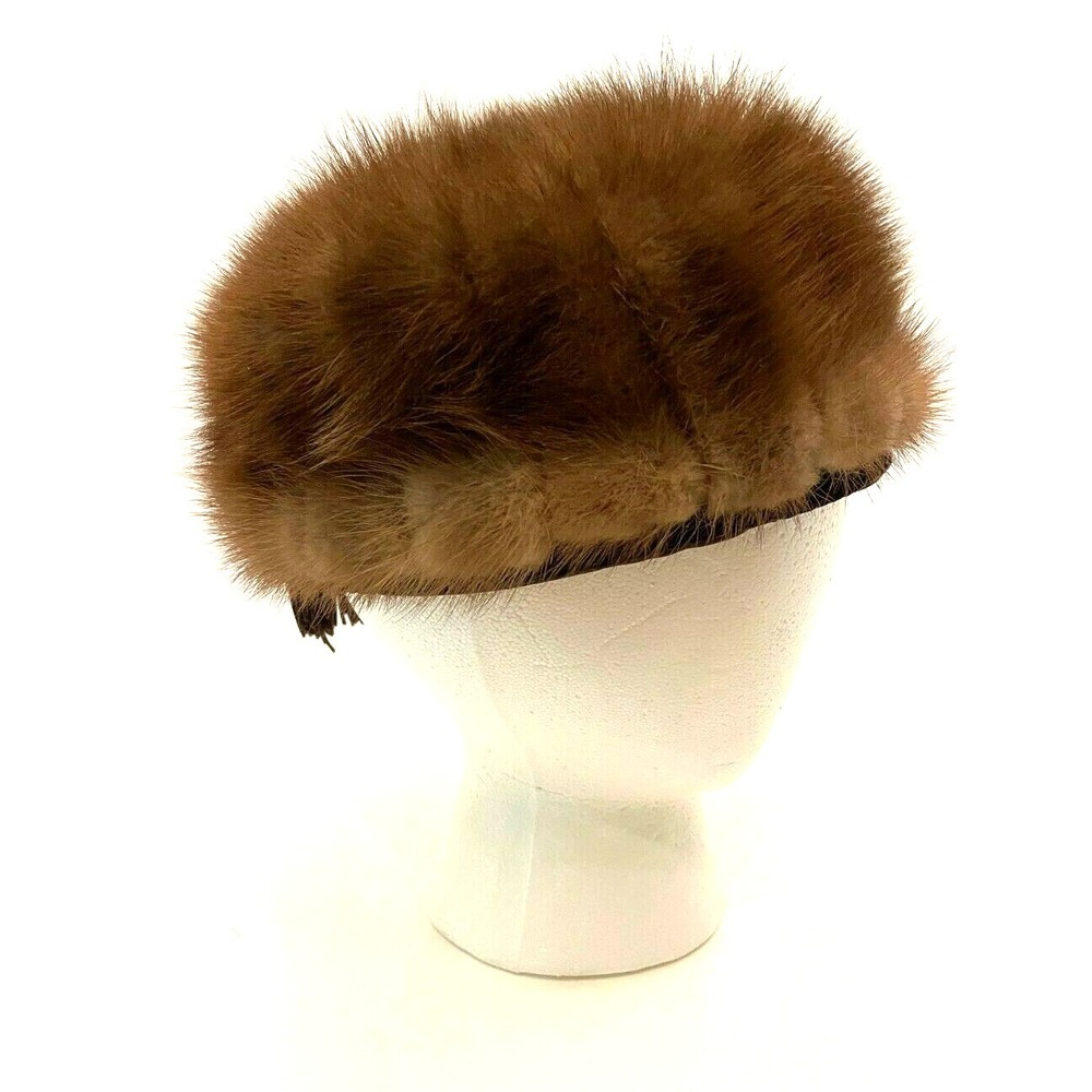 Vintage Womens Round‎ Pillbox Style Hat One Size Brown Mink Braided Satin Band - Picture 2 of 9